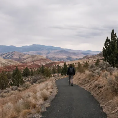 Lone Hiker on Curving Mountain Trail