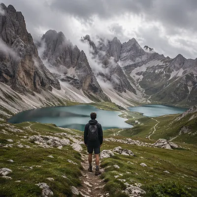 Lone Hiker Over Misty Mountain Lakes