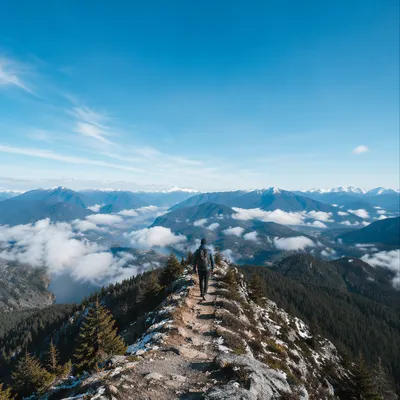 Lone Hiker on Alpine Mountain Ridge