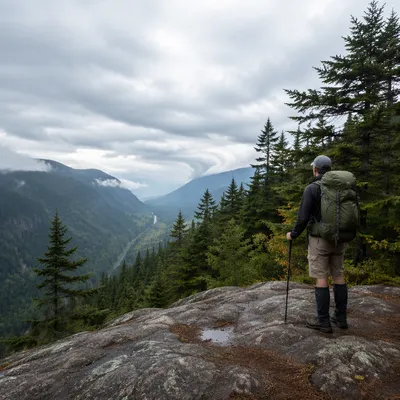 Lone Hiker Overlooking Misty Mountain Valley