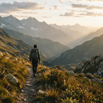 Lone Hiker on Alpine Mountain Trail