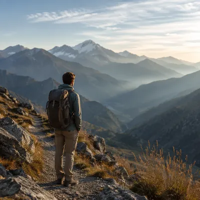 Reflective Hiker Overlooking Alpine Mountain Valley