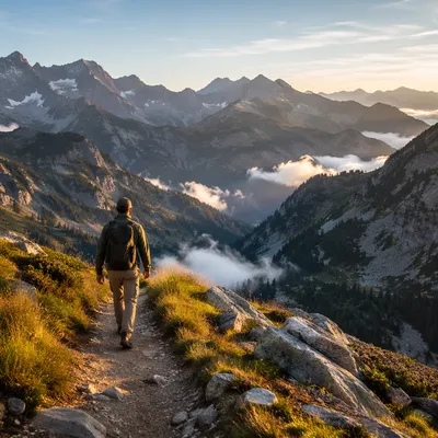 Lone Hiker on Alpine Mountain Trail