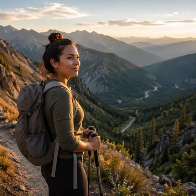 Young Woman Hiking Mountain Trail at Sunset