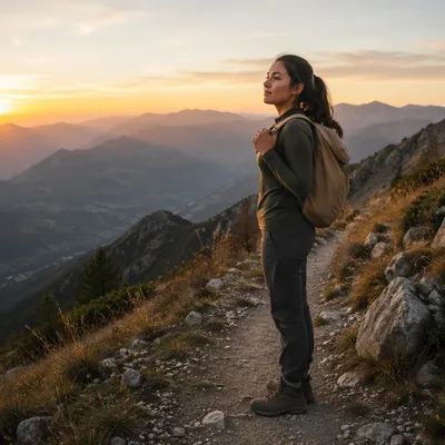 Woman Hiking Mountain Ridge at Golden Hour