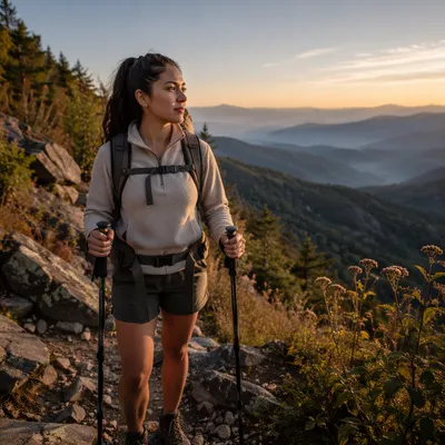 Woman Hiking Mountain Trail at Golden Hour