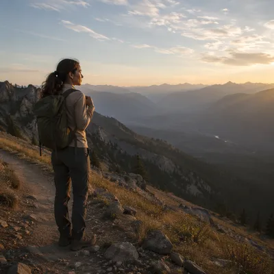 Woman Hiking Mountain Trail at Sunrise