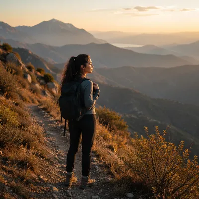 Woman Hiking Mountain Trail at Golden Hour