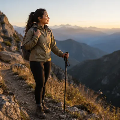 Woman Hiking Mountain Trail at Golden Hour