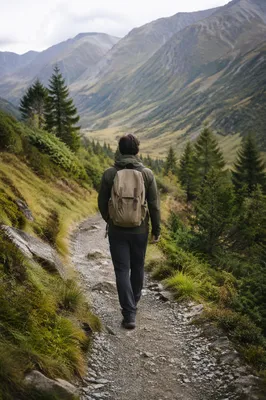 Lone Hiker on Mountain Trail