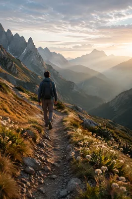 Lone Hiker on Alpine Mountain Trail
