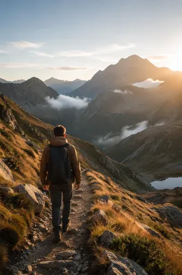 Lone Hiker on Alpine Mountain Trail