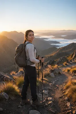 Woman Hiking Mountain Trail at Sunrise