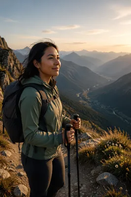 Woman Hiking Mountain Trail at Golden Hour