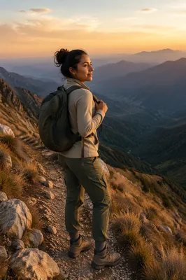 Woman Hiking Mountain Trail at Golden Hour