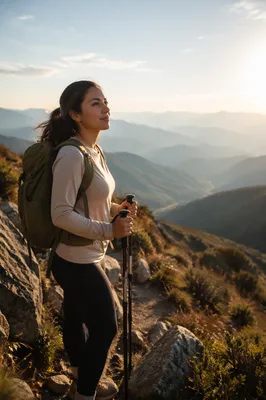 Woman Hiking Mountain Trail at Golden Hour
