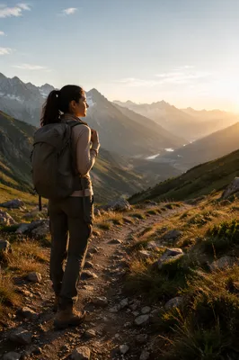 Woman on Mountain Trail at Sunrise