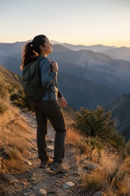 Woman Hiking Mountain Ridge at Golden Hour