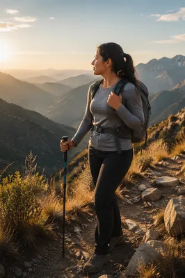 Woman Hiking Mountain Trail at Golden Hour