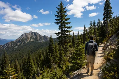 Hiker on Mountain Trail with Forest View