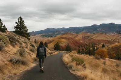 Lone Hiker on Curving Mountain Trail
