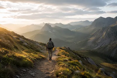 Lone Hiker on Alpine Mountain Trail