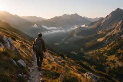 Lone Hiker on Alpine Mountain Trail