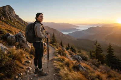 Woman Hiking Mountain Trail at Sunrise