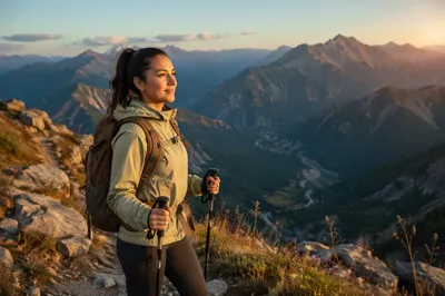 Woman Hiking Mountain Trail at Golden Hour