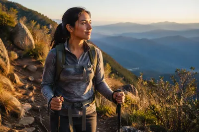 Woman Hiking Mountain Trail at Golden Hour