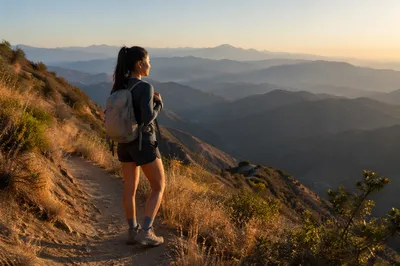Woman Hiking Mountain Trail at Golden Hour
