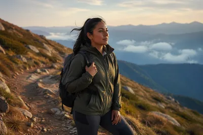 Woman Hiking Mountain Trail at Golden Hour