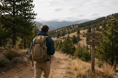 Solo Hiker Overlooking Mountain Trail