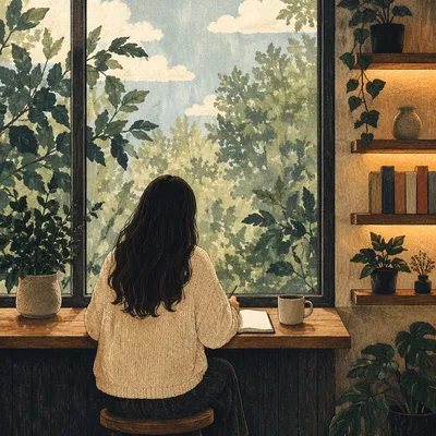 Quiet Coffee Shop Journaling by Window