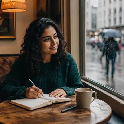 Young Woman Journaling by Coffee Shop Window