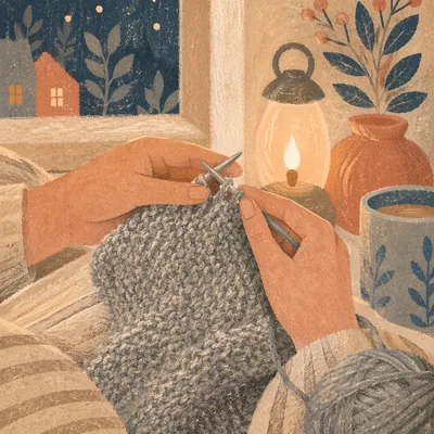 Cozy Hands Knitting Gray Blanket Indoors