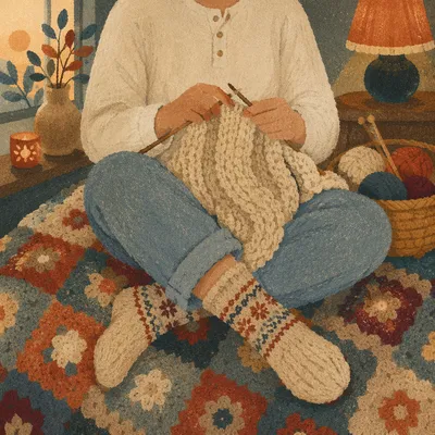 Cozy Evening Knitting with Wool Blanket