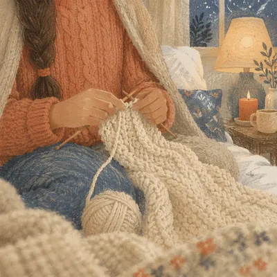 Cozy Evening Knitting Cream Blanket Indoors