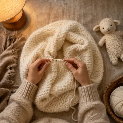 Cozy Evening Hands Knitting Ivory Blanket