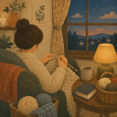 Cozy Evening Knitting by Window