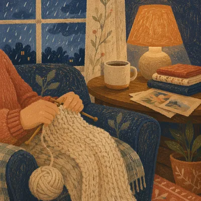 Cozy Evening Knitting by Rainy Window