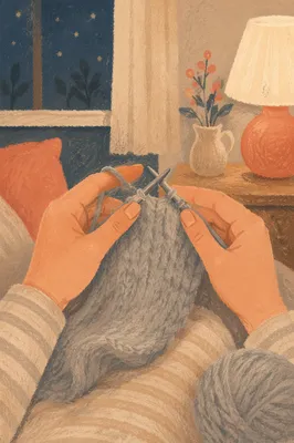 Cozy Evening Hands Knitting Gray Blanket
