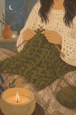 Cozy Evening Hands Knitting Olive Blanket