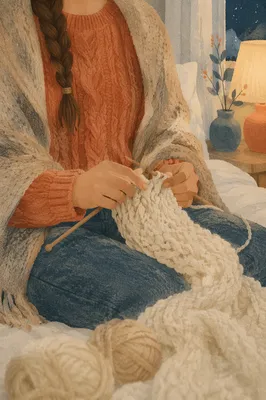 Cozy Evening Knitting on a White Bed