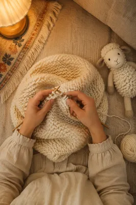Cozy Evening Hands Knitting Ivory Blanket