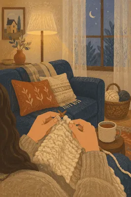 Cozy Evening Knitting on Sofa