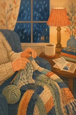 Cozy Evening Knitting by Rainy Window