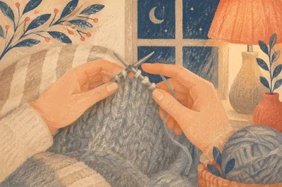 Cozy Evening Hands Knitting Gray Blanket