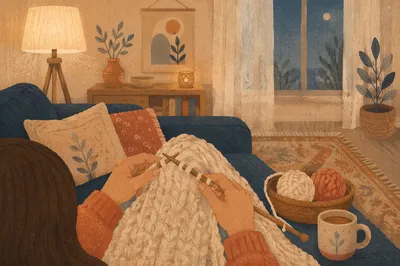 Cozy Evening Knitting on Sofa