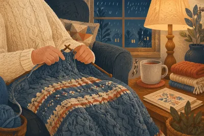 Cozy Evening Knitting by Rainy Window